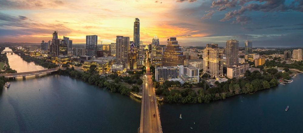 Austin, Texas skyline with sunset