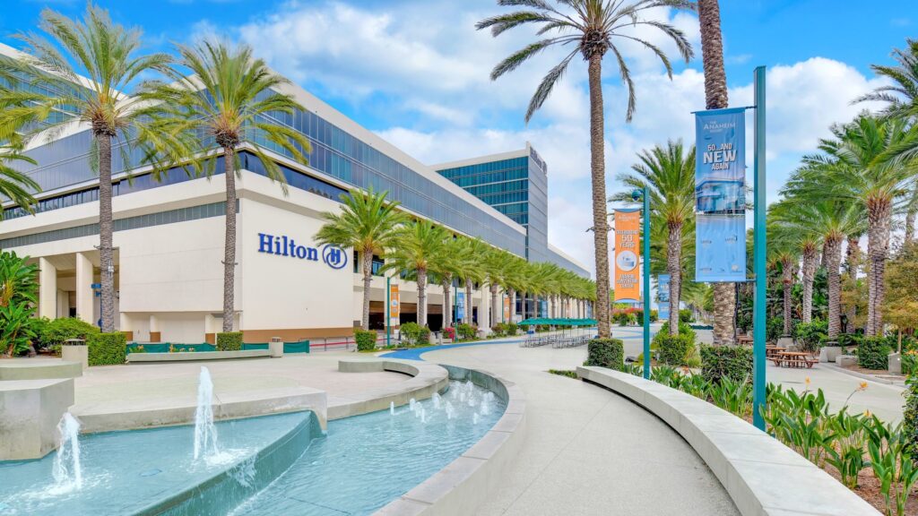 Hilton Anaheim Facade and Grand Plaza
