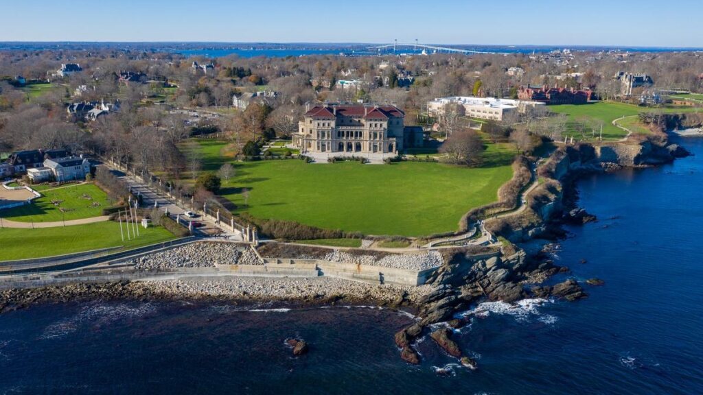 The Breakers and Cliff Walk aerial view at Newport, Rhode Island RI, USA